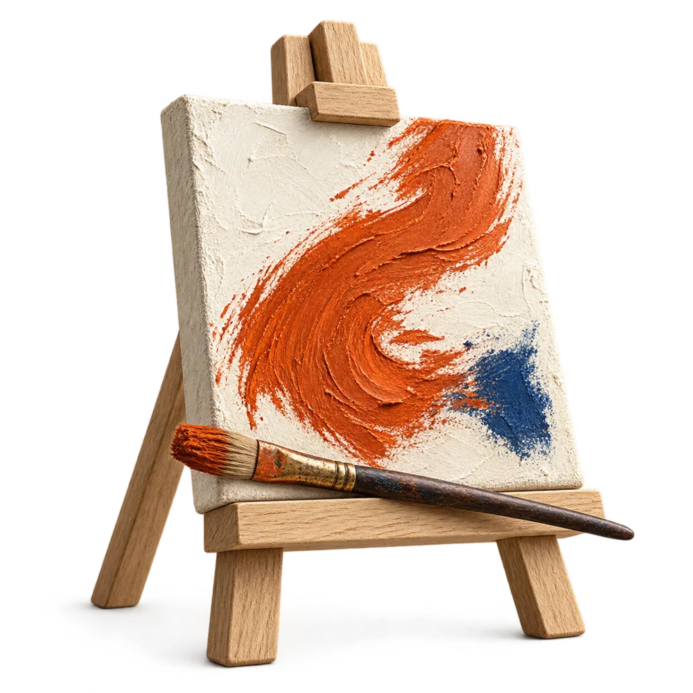 A small canvas on an easel with a terracotta brushstroke and a paintbrush.