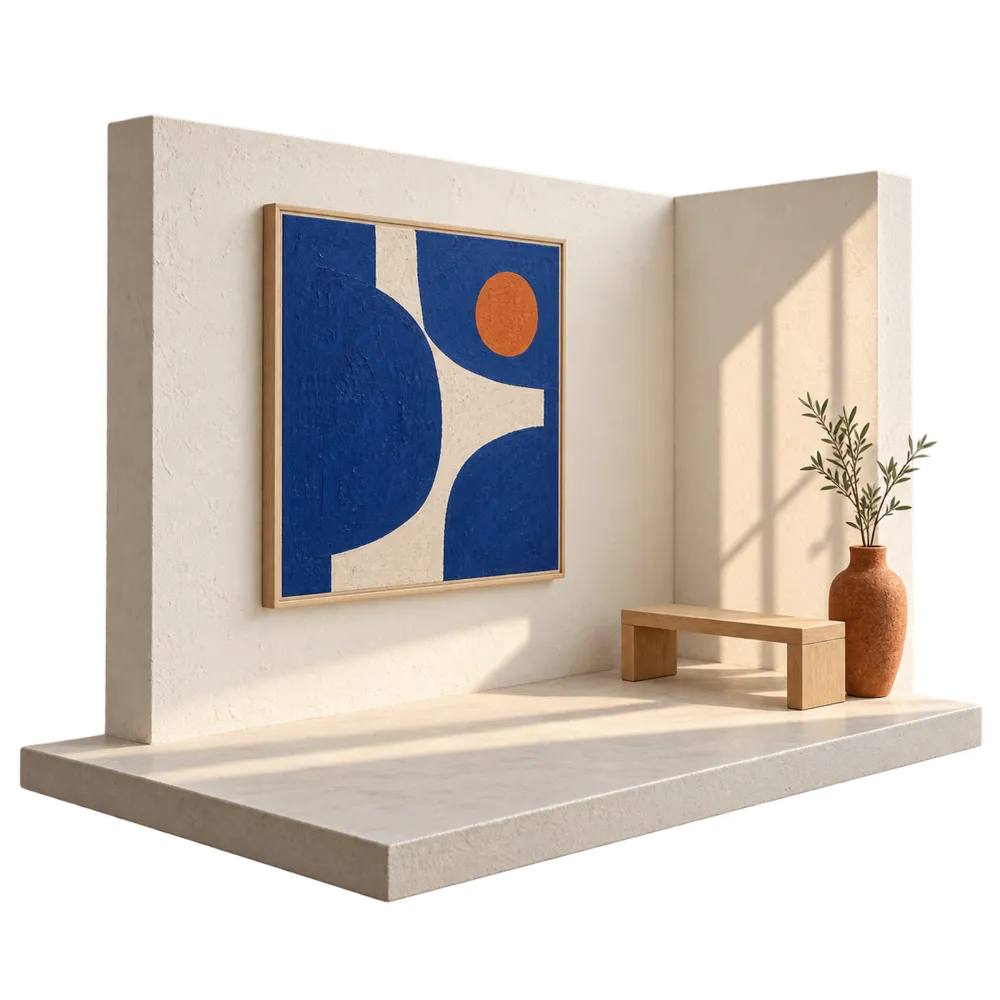 A corner of a room with a framed blue and terracotta painting, a bench and a vase.