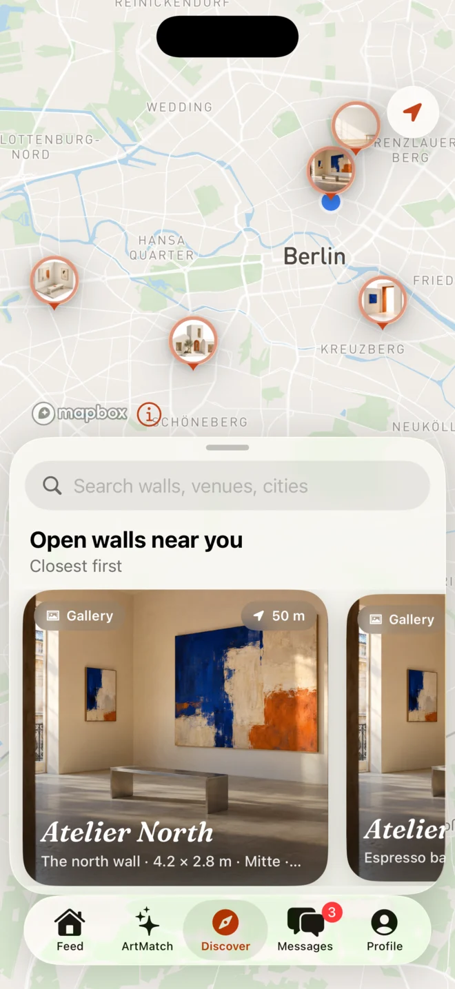 The Discover tab: a map of Berlin with pins for open walls and a glass panel listing the closest first, led by Atelier North, 50 metres away.